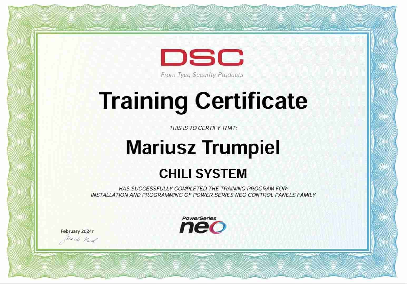 DSC Training Certificate - Power Series NEO