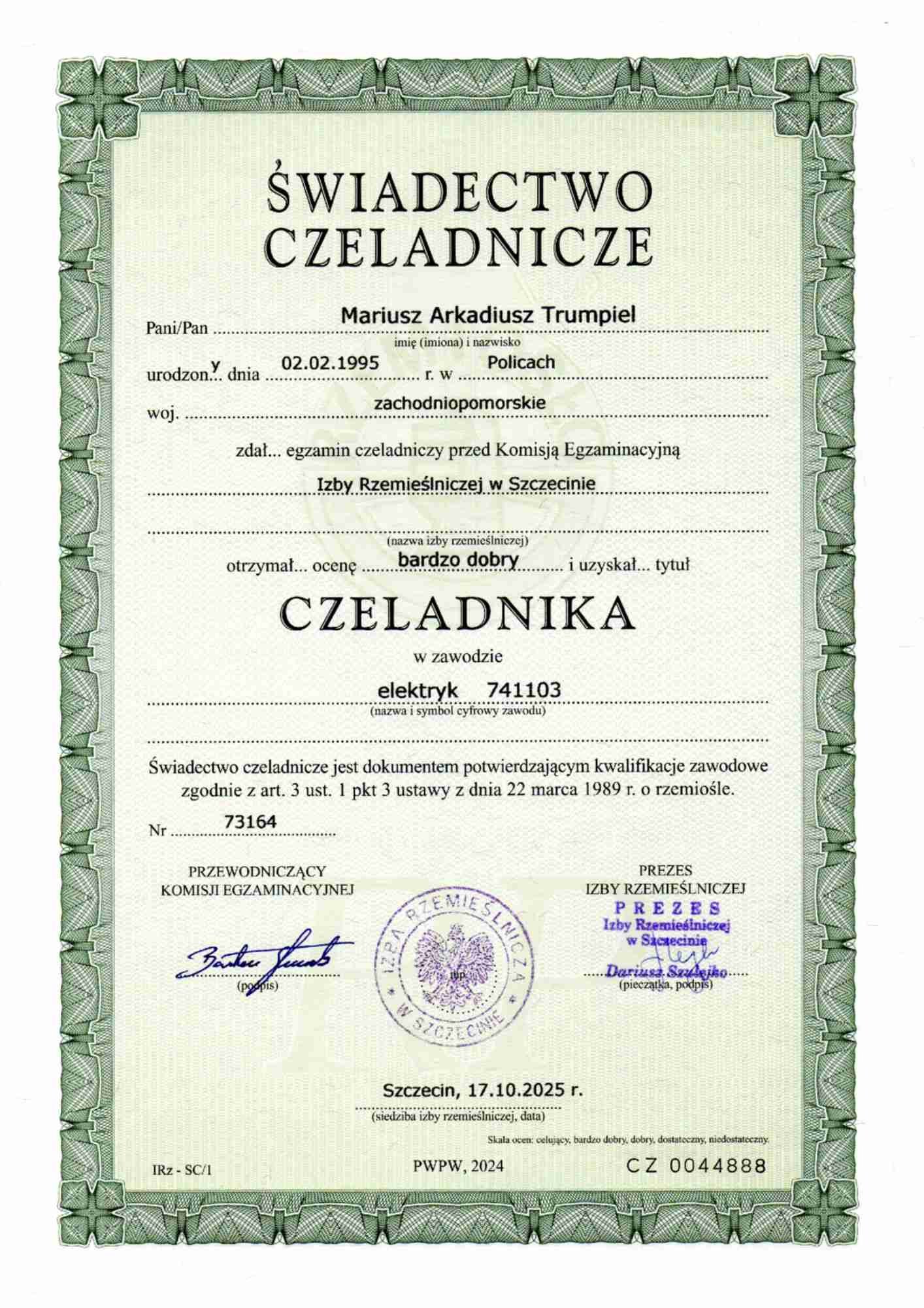 Świadectwo czeladnicze - elektryk
